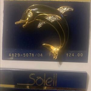 2 SOLEIL Vintage Black & Gold  Rhinestones Dolphin